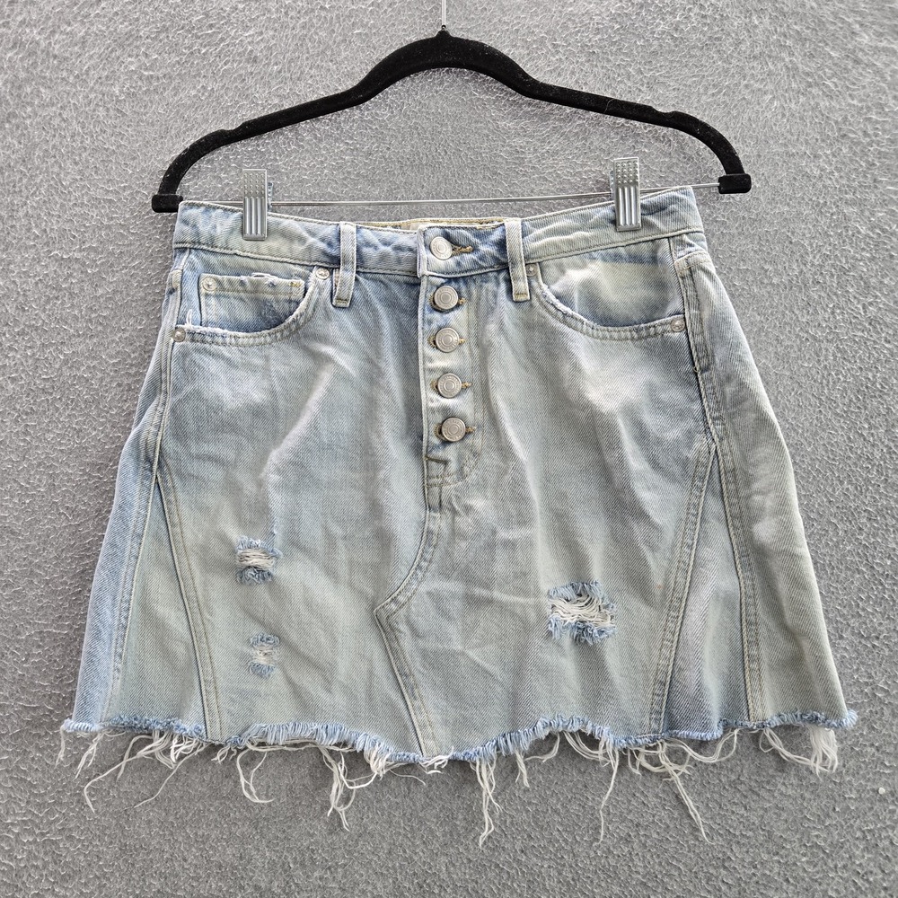 We The Free Women Skirt 27 Light Blue Denim Mini Distressed Button Fly Frayed